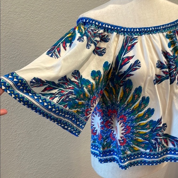 Floral Off-Shoulder Top - Blue and Ivory by FLYING TOMATO - Picture 2 of 5